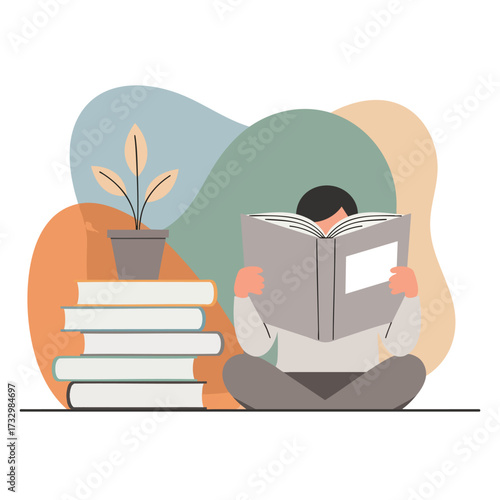 A flat vector illustration of a person sitting crosslegged on the floor deeply engrossed in reading a book.