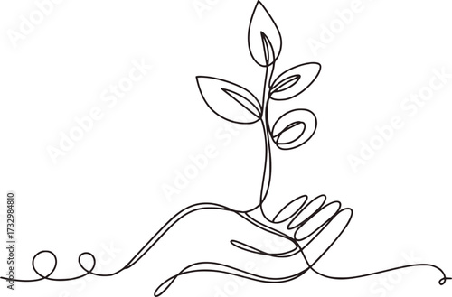 Hand holding a growing plant in a single line drawing growth sprout