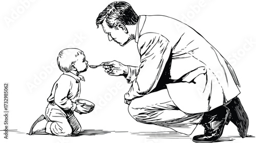 Man Kneeling to Feed Child with Spoon - Nourishing Moment in Caregiving