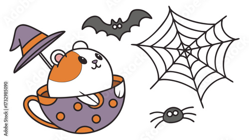 Vector illustration of a Bashful Guinea pig with in a teacup, styled in a Halloween theme using Spooky Fun colors