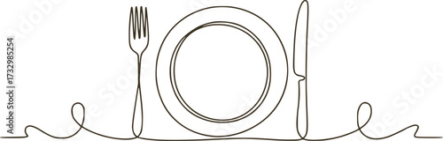 Single line drawing of a plate fork and knife dining cutlery