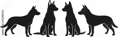 Four black silhouette dogs, two standing and two sitting, facing each other.