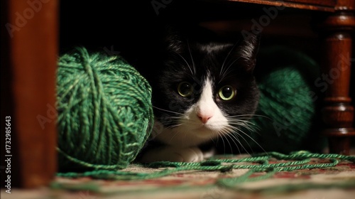 Cat with green yarn in shadow domestic animal portrait black and white