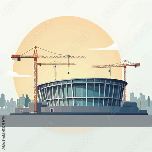 Modern stadium arena building under construction with tower cranes.