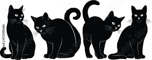 Four black cats in various poses, including sitting and standing, against a white background.