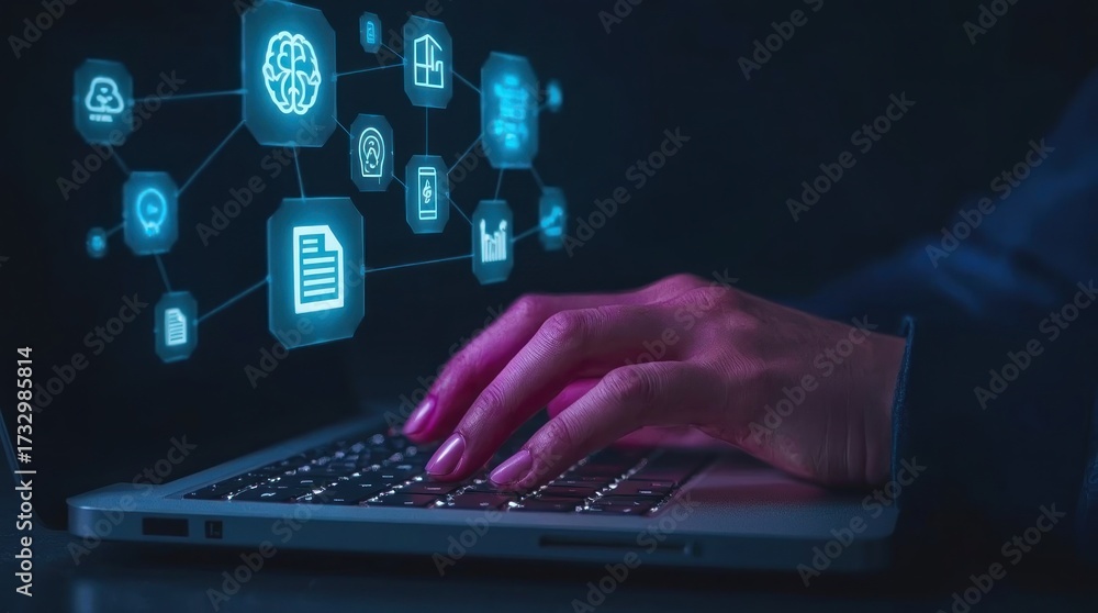 Obraz premium Person managing enterprise data and business processes with a network of glowing icons representing AI, cloud computing, and cybersecurity