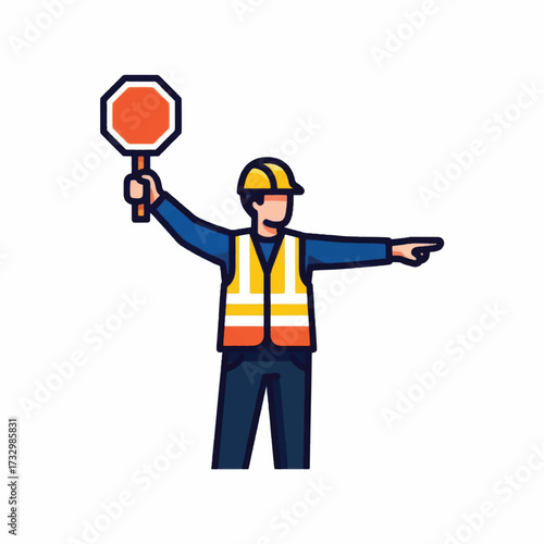 Road worker in safety gear directing traffic with a stop sign.