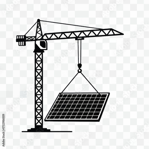 Tower crane lifting solar panel for renewable energy construction.
