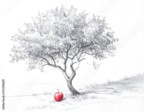 A pencil sketch of a solitary apple tree and a red apple