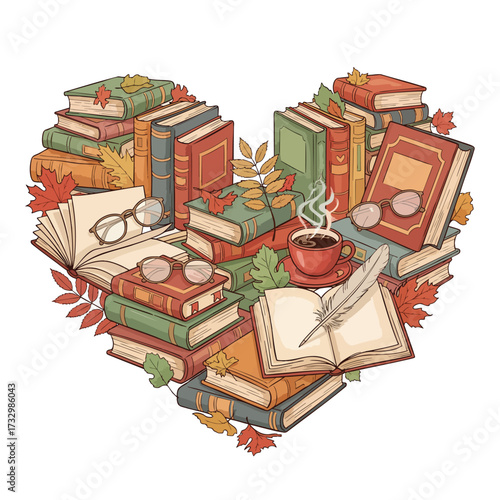 Cozy autumn illustration of a heart made from stacked books glasses and a warm drink.