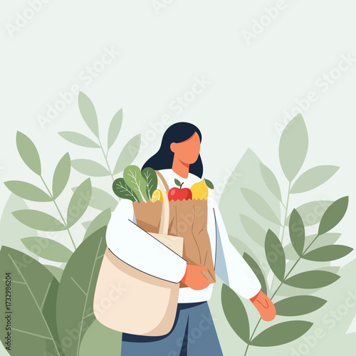 Flat vector illustration of a woman carrying a paper grocery bag and reusable tote filled with fresh healthy produce.