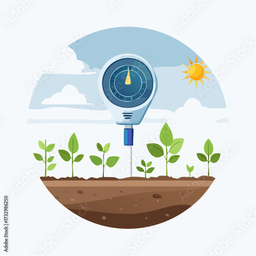 A soil moisture sensor monitors young seedlings in a field. Flat vector illustration, ideal for agricultural technology concepts and educational materials. Clean, modern design.