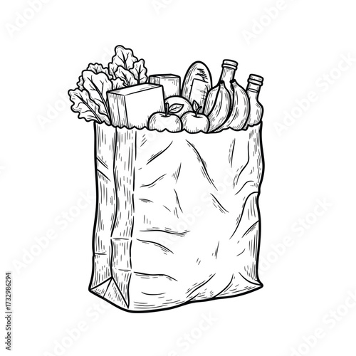 Handdrawn black and white sketch of a paper grocery bag filled with fresh food and produce.