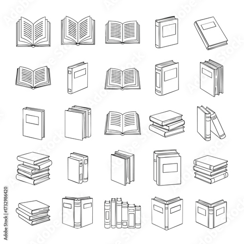Handdrawn doodle collection of open closed and stacked books in a simple line art style.