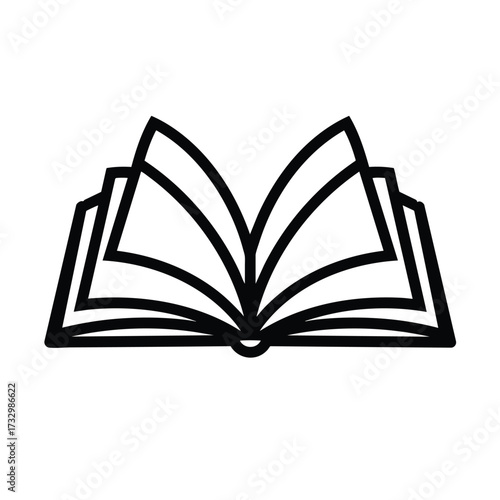 Minimalist black outline icon of an open book symbolizing knowledge and learning.