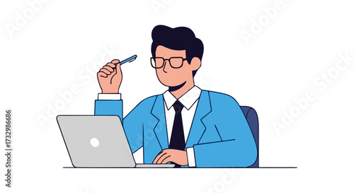 A man in a blue suit and glasses sits at a desk, working on a laptop, holding a pen.