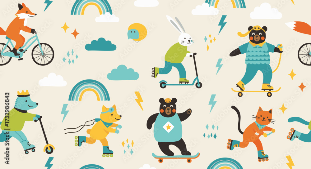 Fototapeta premium Colorful seamless pattern of cartoon animals enjoying outdoor activities
