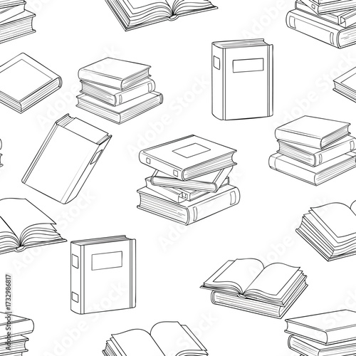 Seamless pattern of handdrawn black and white sketchstyle books both open and stacked.
