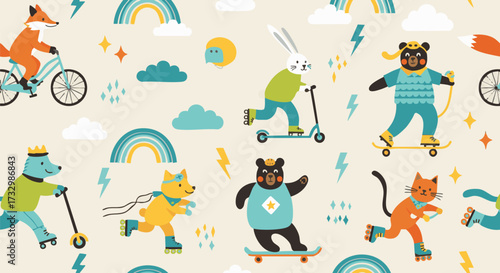 Colorful seamless pattern of cartoon animals enjoying outdoor activities