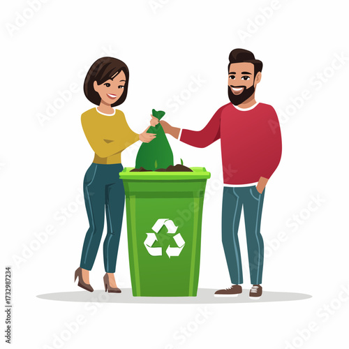 A couple sorts recyclables into a green bin. They are casually dressed and smiling, demonstrating eco-friendly habits. Clean, bright, and modern.