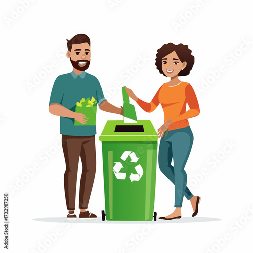 A couple sorts recyclables into a green bin. They are casually dressed and smiling, demonstrating eco-friendly habits. Clean, bright, and modern.