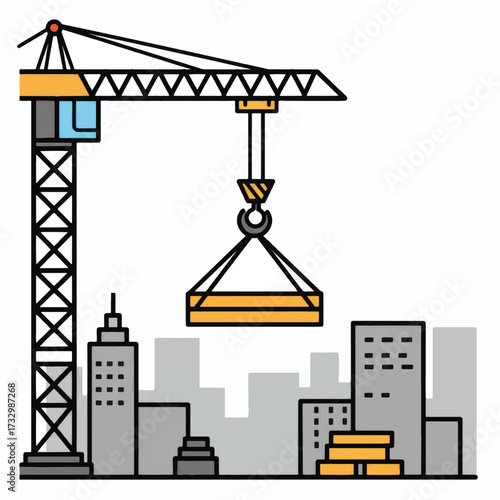 Colorful Line Art Illustration of a Construction Tower Crane.