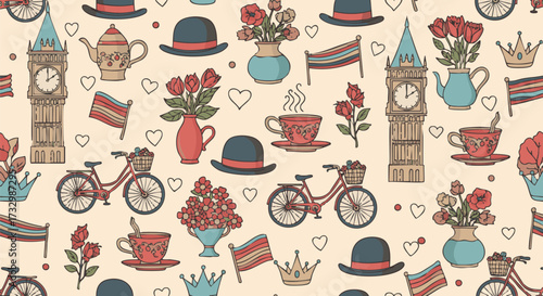 A charming seamless pattern with hand-drawn London symbols. This whimsical illustration features Big Ben, teacups, bicycles, and crowns