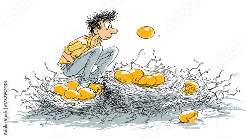 Careless Man Gathering Nest Eggs Cartoon Vector Illustration
