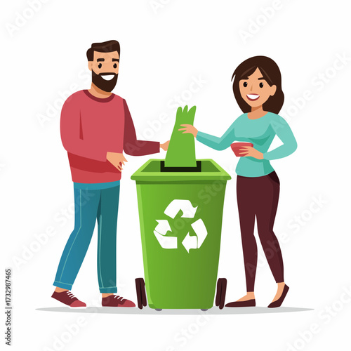 A couple sorts recyclables into a green bin. They are casually dressed and smiling, demonstrating eco-friendly habits. Clean, bright, and modern.