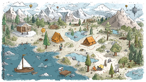 Seasonal Cartoon Camping Map Featuring Nature Adventures