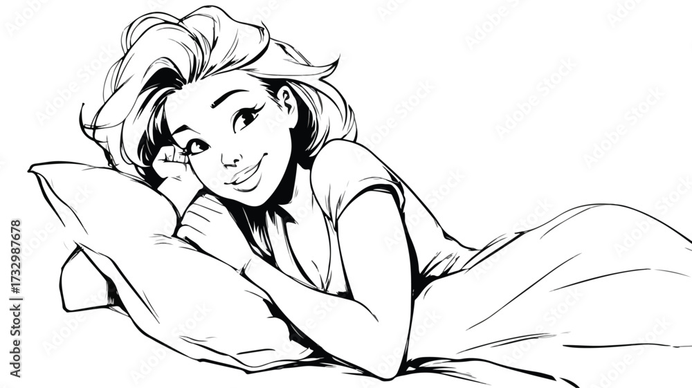 Fototapeta premium Charming Cartoon Woman Lying in Bed Illustration