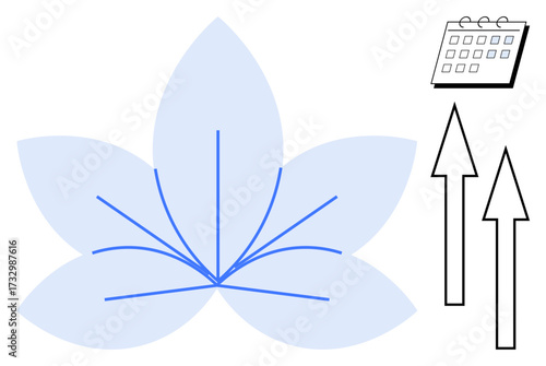 Abstract lotus flower with upward lines for growth, arrows for progress, and calendar for organization. Ideal for wellness, mindfulness, goal setting, growth, success productivity planning. Simple