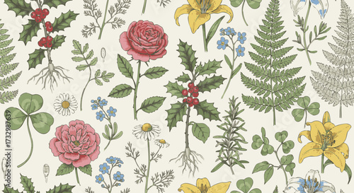 Vintage botanical seamless pattern featuring a detailed collection of hand-drawn flowers, herbs, and plants like roses, holly, ferns, and clover