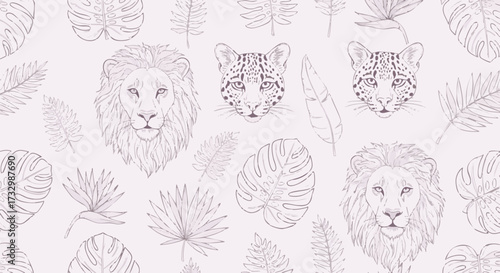 A charming seamless pattern featuring sketched lion and leopard faces amidst tropical leaves and flowers in a soft, pastel background