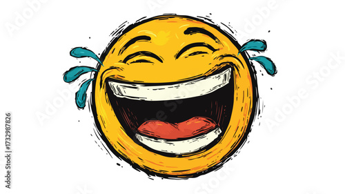 Cheerful Smiley Face Laughing Loudly to Tears Vector Illustration