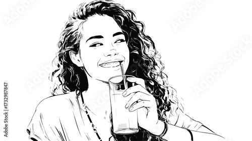 Happy Woman Smiling and Enjoying Drink, Joyful Female Drinking with Cheerful Expression Vector Illustration