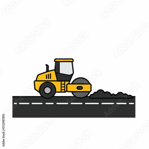 Yellow steamroller compacting asphalt on a road construction site.