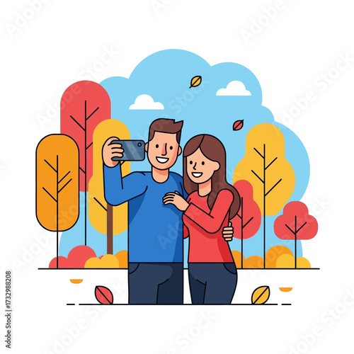 Young couple taking selfie. Travel, vacation, holidays and adventure vector concept illustration. Autumn mountain landscape background. Poster design style