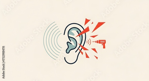 Vector illustration symbolizing the adverse effects of excessive loud noise and sound pollution on human auditory health, representing ear damage and discomfort