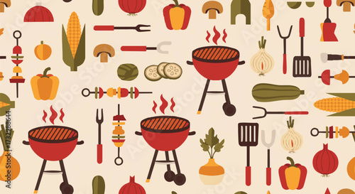 A vibrant flat design seamless pattern features various barbecue essentials, including grills, skewers, and fresh vegetables like corn and peppers