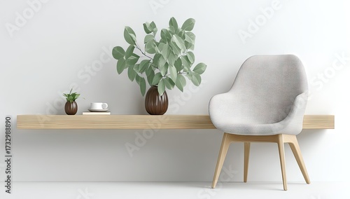 A light gray upholstered chair sits beside a wooden shelf displaying a potted plant and a cup.