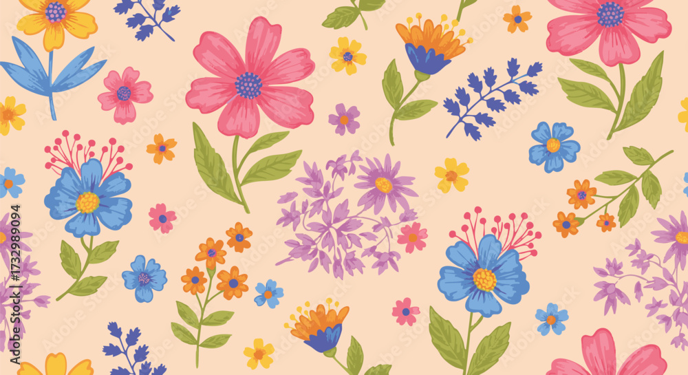 custom made wallpaper toronto digitalCheerful seamless floral pattern featuring vibrant hand-drawn flowers in pink, blue, orange, and yellow on a light background