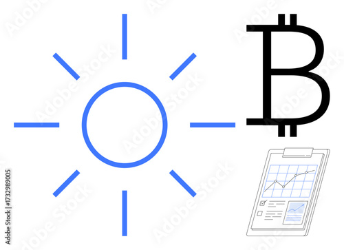 Blue sun rays, black Bitcoin icon, and a clipboard with charts representing cryptocurrency, financial trends, analytics, renewable energy, innovation, blockchain and investment. Ideal
