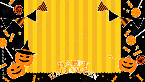 16:9サイズのハロウィンの背景、かわいいおばけかぼちゃとお菓子