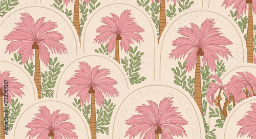 Vibrant pink palm trees and green foliage form a whimsical, seamless bohemian pattern with arch shapes on a light background