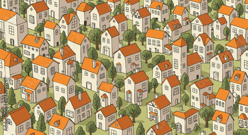 Seamless hand-drawn repeating pattern of a dense suburban neighborhood featuring various cartoon houses with orange roofs and green trees