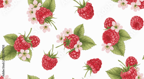 A seamless vector pattern of ripe raspberries with green leaves and pink blossoms