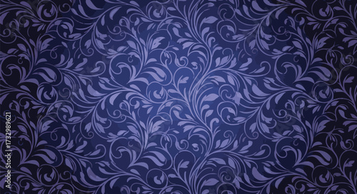 Elegant deep blue floral pattern background. Seamless damask design with ornate leaf and vine details creates a sophisticated and timeless look