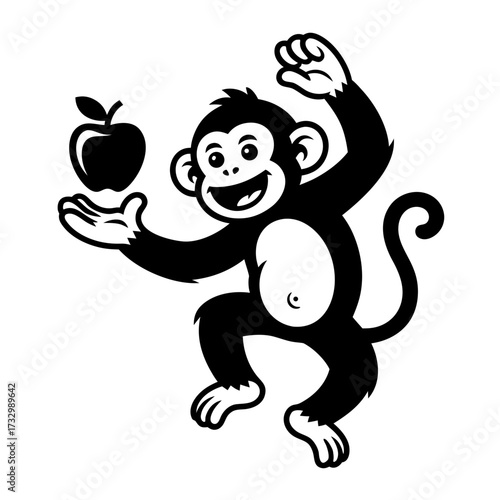 a simple black and white 2d illustration of a monkey throwing an apple towards the viewer