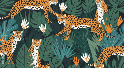 Seamless pattern with leopards in a dense tropical jungle. This modern, flat illustration features exotic big cats among monstera leaves and flowers